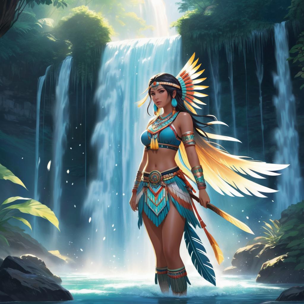 Ethereal Aztec Warrior Under Waterfall