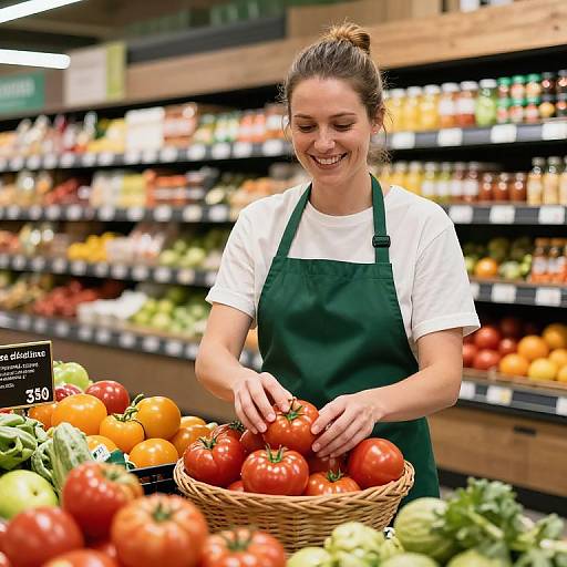 Photograph of a smiling young woman with brown hair in a bun, wearing a green apron over a white shirt, arranging tomatoes in a basket at