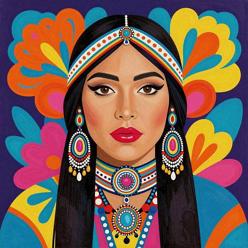 Vibrant digital portrait of a Latina woman with long black hair, adorned in colorful traditional jewelry and headpiece, against a bold, floral-patterned