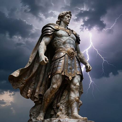 Photorealistic CGI of a muscular, ancient Roman-style statue of a warrior with a lightning bolt backdrop, wearing armor and a flowing cape.