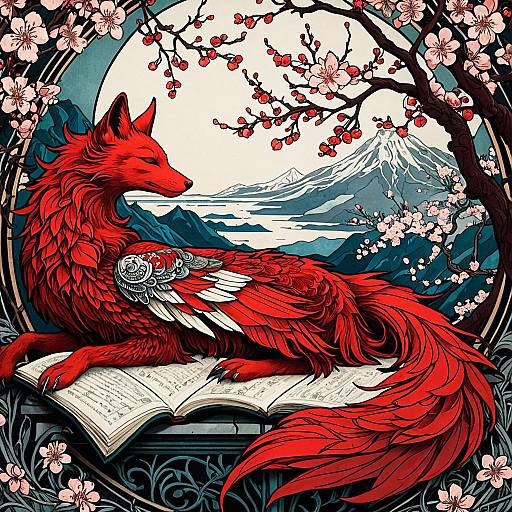 Crimson Phoenix and Silver Fox with Cherry Blossoms