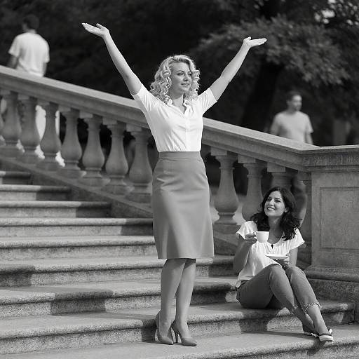Women on Stone Steps in Black and White