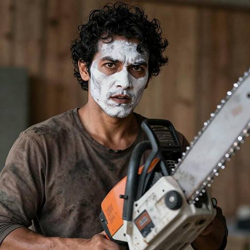 Mysterious Man with Chainsaw and Face Paint