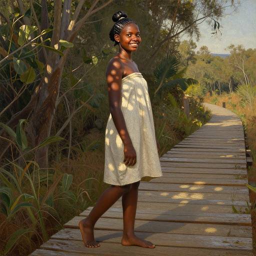 Photograph of a smiling young Black girl with braided hair, wearing a white towel dress, walking barefoot on a wooden path through a sunlit