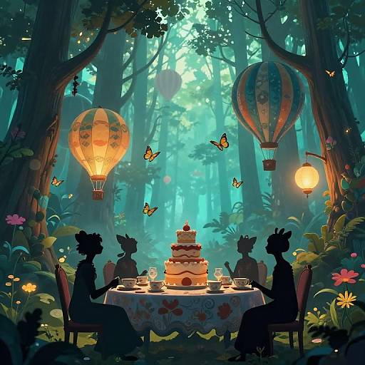 Digital illustration: Silhouetted figures of two women with animal ears, dining in a magical forest with floating lanterns and butterflies, enjoying a layered