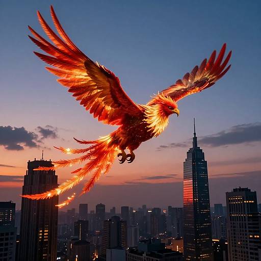 Digital artwork of a fiery red phoenix with outstretched wings soaring above a twilight cityscape, featuring illuminated skyscrapers.