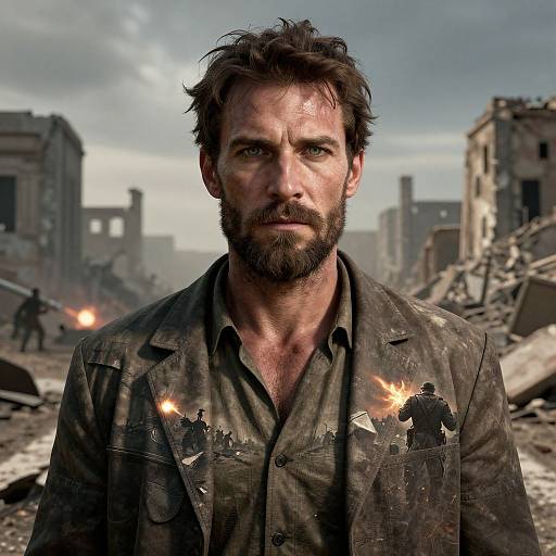 Photorealistic CGI of rugged, bearded man with dirty, bullet-ridden jacket, standing amid rubble and flames in a war-torn, ruined