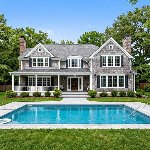 Photograph of a large, two-story, gray-shingled house with white trim, a wrap-around porch, and a clear blue swimming pool in