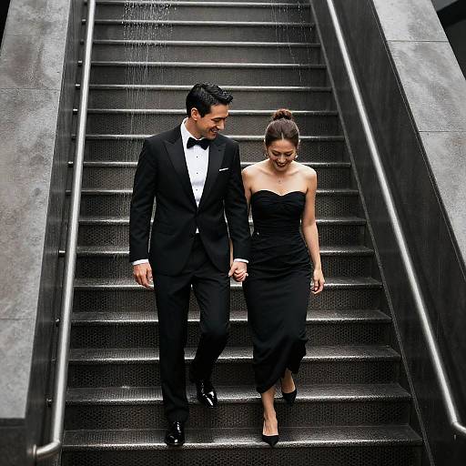 Futuristic Couple on Metallic Stairway