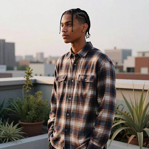 Photograph of a young Black man with braided hair, wearing a brown and white plaid shirt, standing on a rooftop with cityscape and p