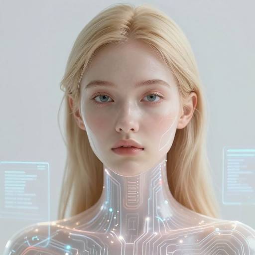 Digital artwork of a pale, blonde-haired woman with blue eyes, featuring a glowing, circuit-like neck, set against a bright, white background.