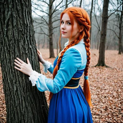 Woman in Blue Dress with Twin Braids Holding Tree