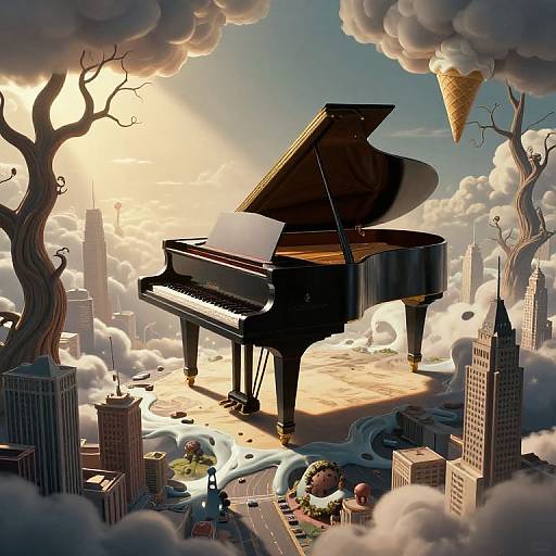 Digital artwork of a grand piano floating above a surreal cityscape with clouds, sun, twisted trees, and skyscrapers, with tiny people and buildings
