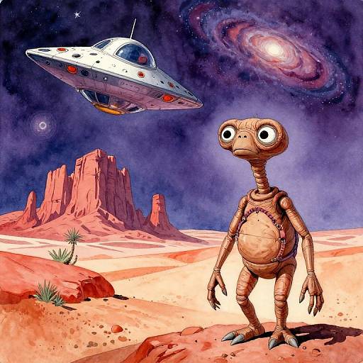 Cartoon of a wide-eyed, robot-like alien with a large belly standing in a desert with red rock formations, UFO above, and a spiral galaxy