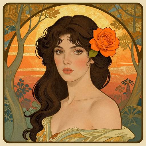 Art Nouveau Woman with Orange Rose