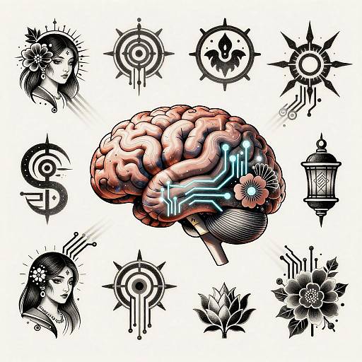 Digital tattoo-style artwork featuring a detailed, pink, circuitry-lit brain surrounded by black, abstract, and symbolic ink designs with floral and geometric patterns