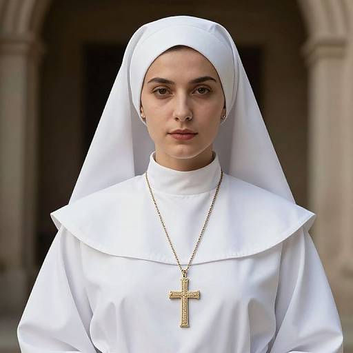 Photograph of a young Caucasian nun with a white headscarf and habit, wearing a gold cross necklace, standing in front of an arched doorway