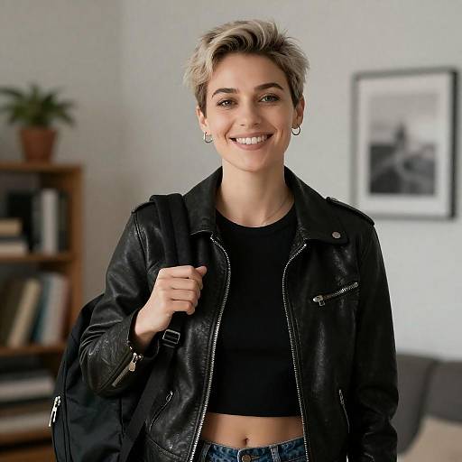 Smiling woman with leather jacket and backpack