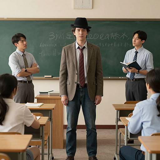 Photograph of a classroom: male teacher in brown suit, black hat, jeans, and tie stands before a chalkboard, with two male students and