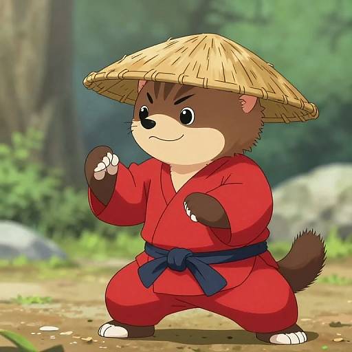Cartoon brown ferret in red martial arts gi and straw hat, striking a fighting pose in a forest background.