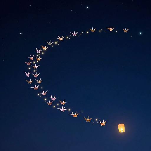 Photograph of a dark blue night sky with a trail of glowing, orange paper lanterns forming a heart shape, ending near a single illuminated lantern.