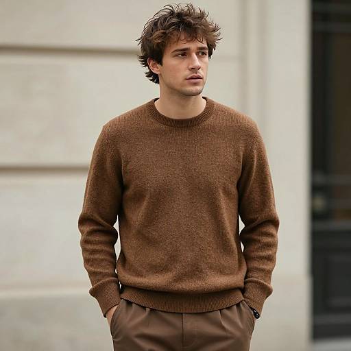 Photograph of a young man with tousled brown hair, wearing a brown knit sweater and brown pants, standing against a white building.