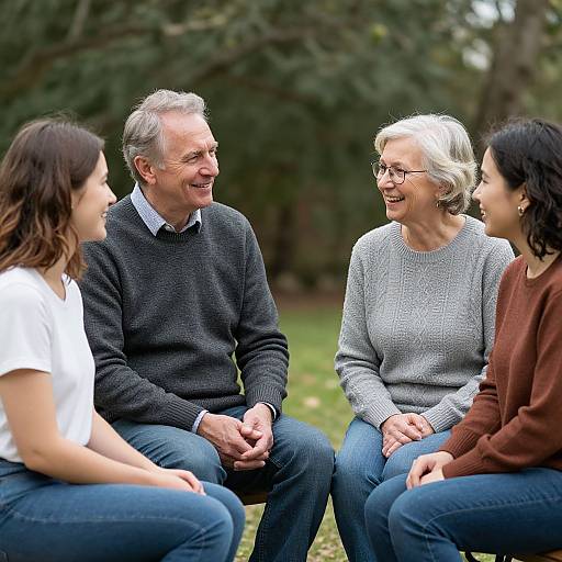 Photograph of four older adults, two men and two women, sitting outdoors, smiling, wearing casual sweaters, blue jeans, with a blurred green