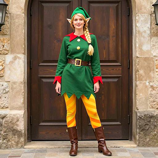 Woman in Elf Costume Standing by Wooden Door