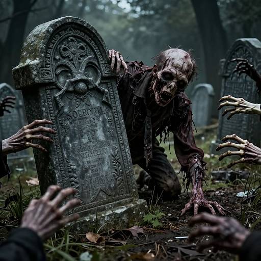 Photograph-style digital artwork: Zombie with tattered clothes and blood-stained face, clawing a mossy, ornate gravestone in a dark
