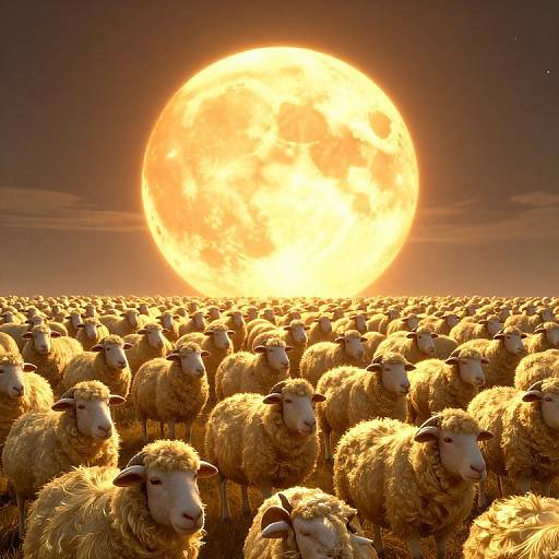 Photograph of a dense flock of sheep under a massive, glowing, orange sun in a dark sky, with golden sunlight illuminating their wool.