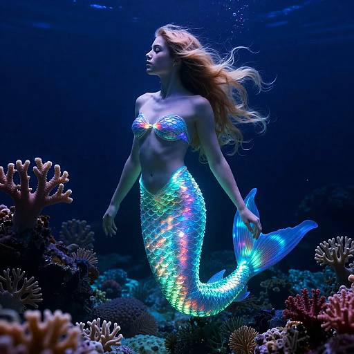 Ethereal Bioluminescent Mermaid in Underwater Coral Reef