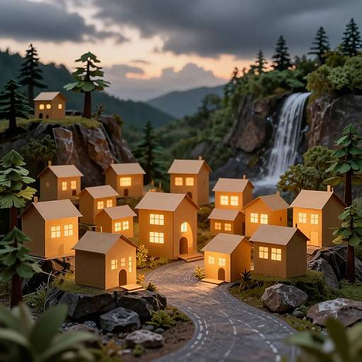 Photograph of illuminated, brown wooden houses with glowing windows in a forested, mountainous landscape with a waterfall and cloudy sky.