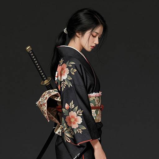 Asian Woman in Floral Kimono with Katana