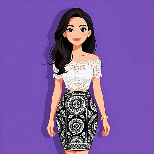 Digital illustration of a smiling woman with long black hair, wearing a white lace off-shoulder top and black patterned high-waist skirt,