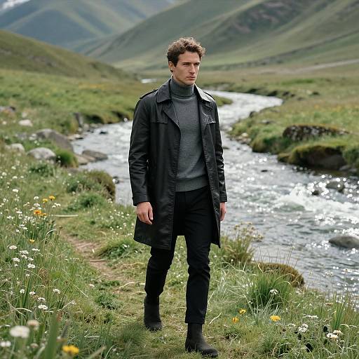 Photograph of a handsome man with curly brown hair, wearing a black coat and gray turtleneck, standing by a flowing river in a lush,