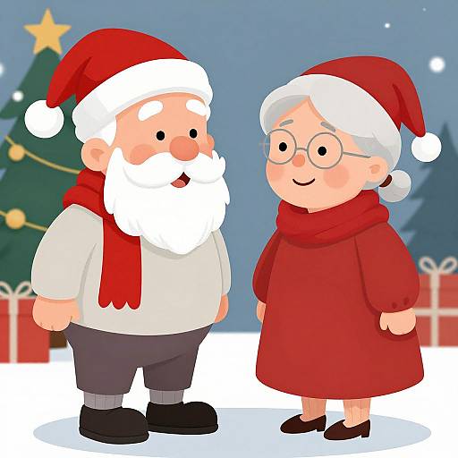 Cartoon Santa Claus with a white beard and red scarf stands smiling beside an elderly woman in a red dress and scarf. Christmas tree and gifts in snowy
