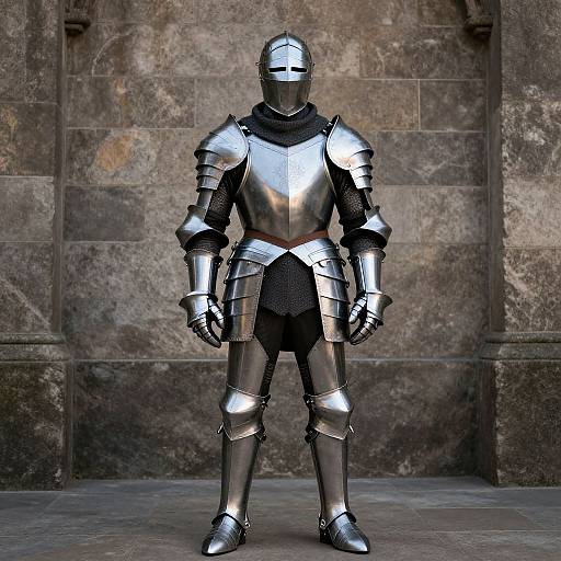 Photorealistic CGI image of a medieval knight in full shiny silver armor, standing against a textured stone wall.