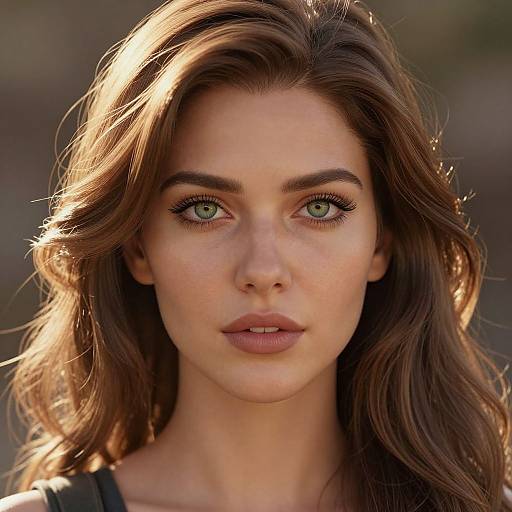 Photograph of a young woman with light brown wavy hair, green eyes, and natural makeup, set against a softly blurred outdoor background.
