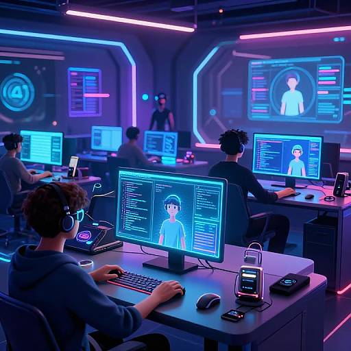 Neon-lit cybercafe with six people in headphones, focused on glowing blue and purple computer screens, displaying avatar interfaces and code.