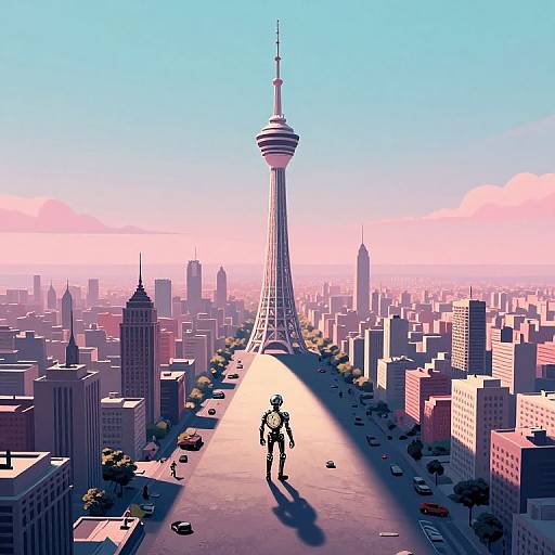 Digital artwork of a giant, shadowed man walking down a sunlit, wide city street with skyscrapers and the CN Tower in the background.