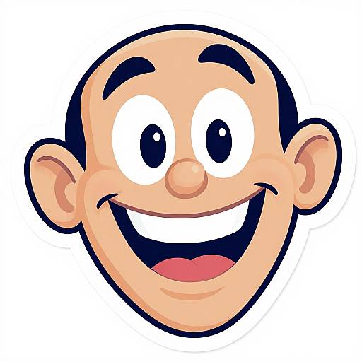 Cartoon-style illustration of a smiling bald man with large, expressive eyes, black eyebrows, and a wide open mouth. Bright, cheerful colors.