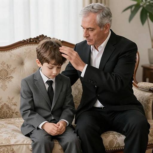 Older Man Consoles Young Boy on Sofa