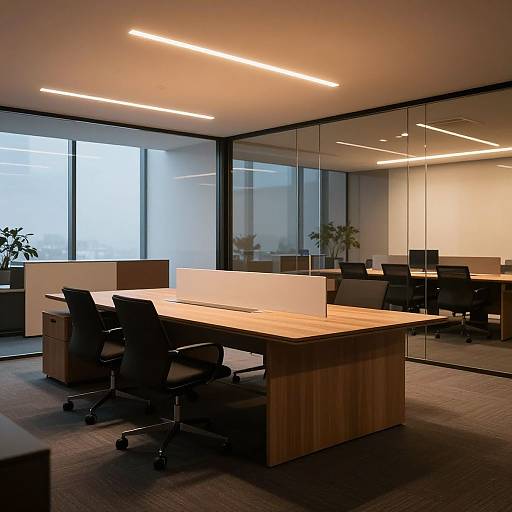 Photograph of a modern office with a wooden conference table, black ergonomic chairs, large windows, glass partitions, and recessed ceiling lights.