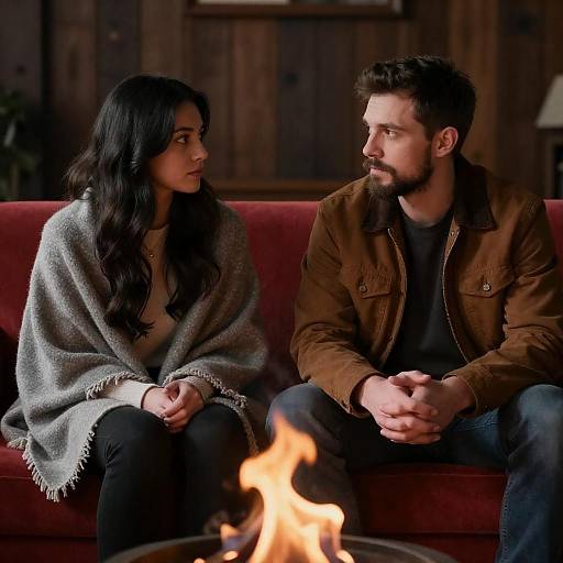 Couple Sitting by Fire on Red Couch