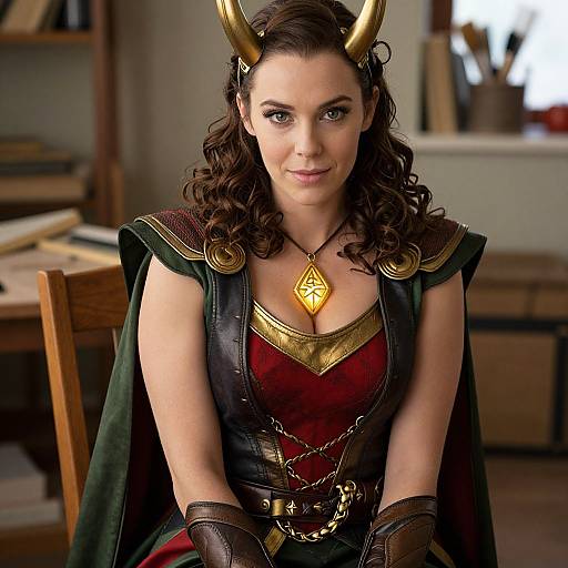 Photograph of a woman with curly brown hair, wearing a gold horned headpiece, red and black armored dress, and chain necklace, sitting in