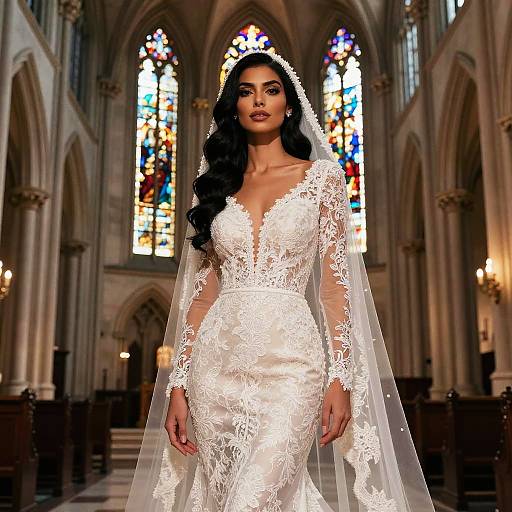 Photograph of a beautiful South Asian bride with long black hair in a white lace wedding dress and veil, standing in a Gothic-style church with colorful stained