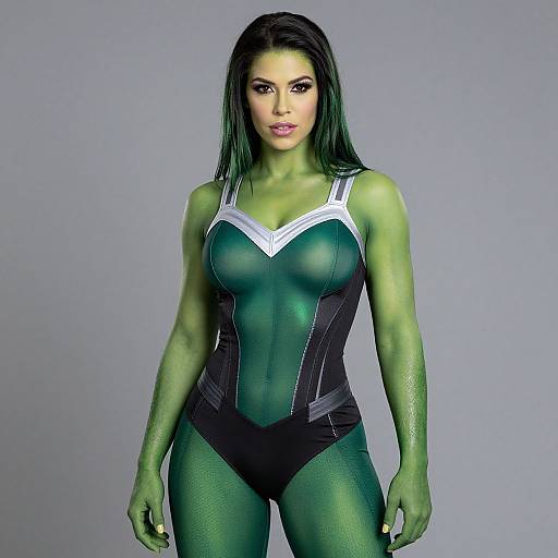 CGI image of a green-skinned woman with long black hair in a tight, green and black superhero bodysuit with white accents, standing against