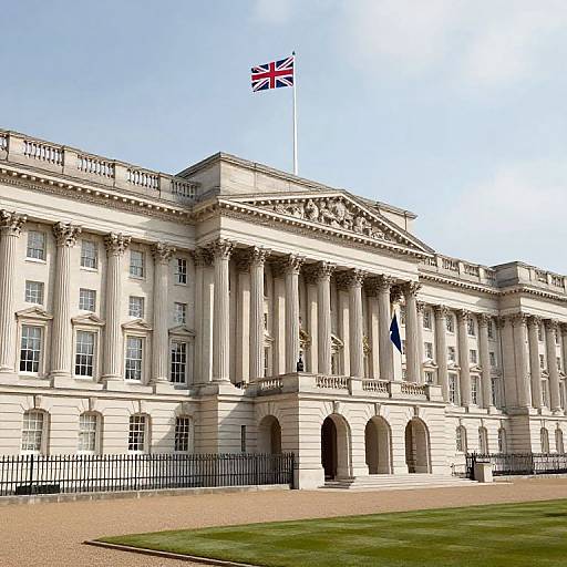 Photograph of a grand neoclassical building with tall columns, white stone facade, Union Jack flag on top, and black iron fence in front