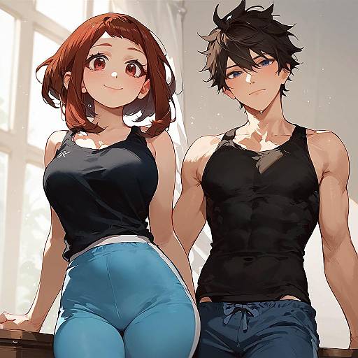 Digital anime-style drawing of a cute, red-haired woman in a black tank top and blue jeans, and a muscular, dark-haired man in a black