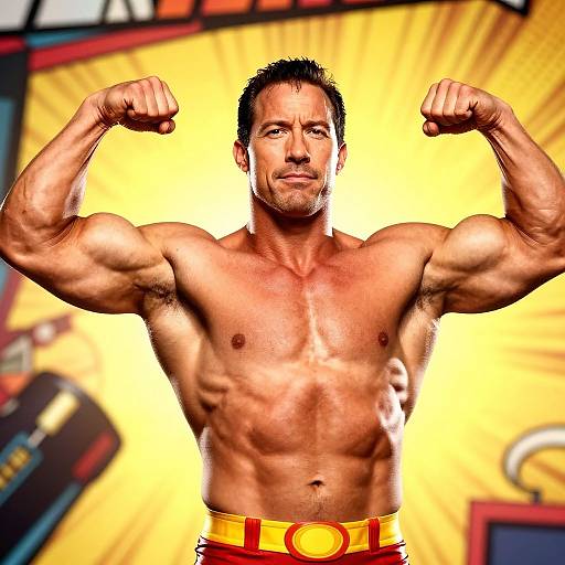 Photograph of a muscular, shirtless Asian man with short black hair flexing his biceps in a bright yellow, action-packed background.